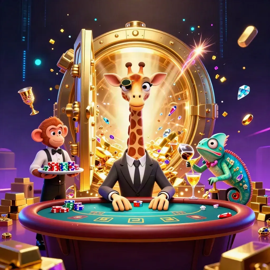 Giraffe high roller, monkey valet, and chameleon bartender amid vault gold and neon casino energy.