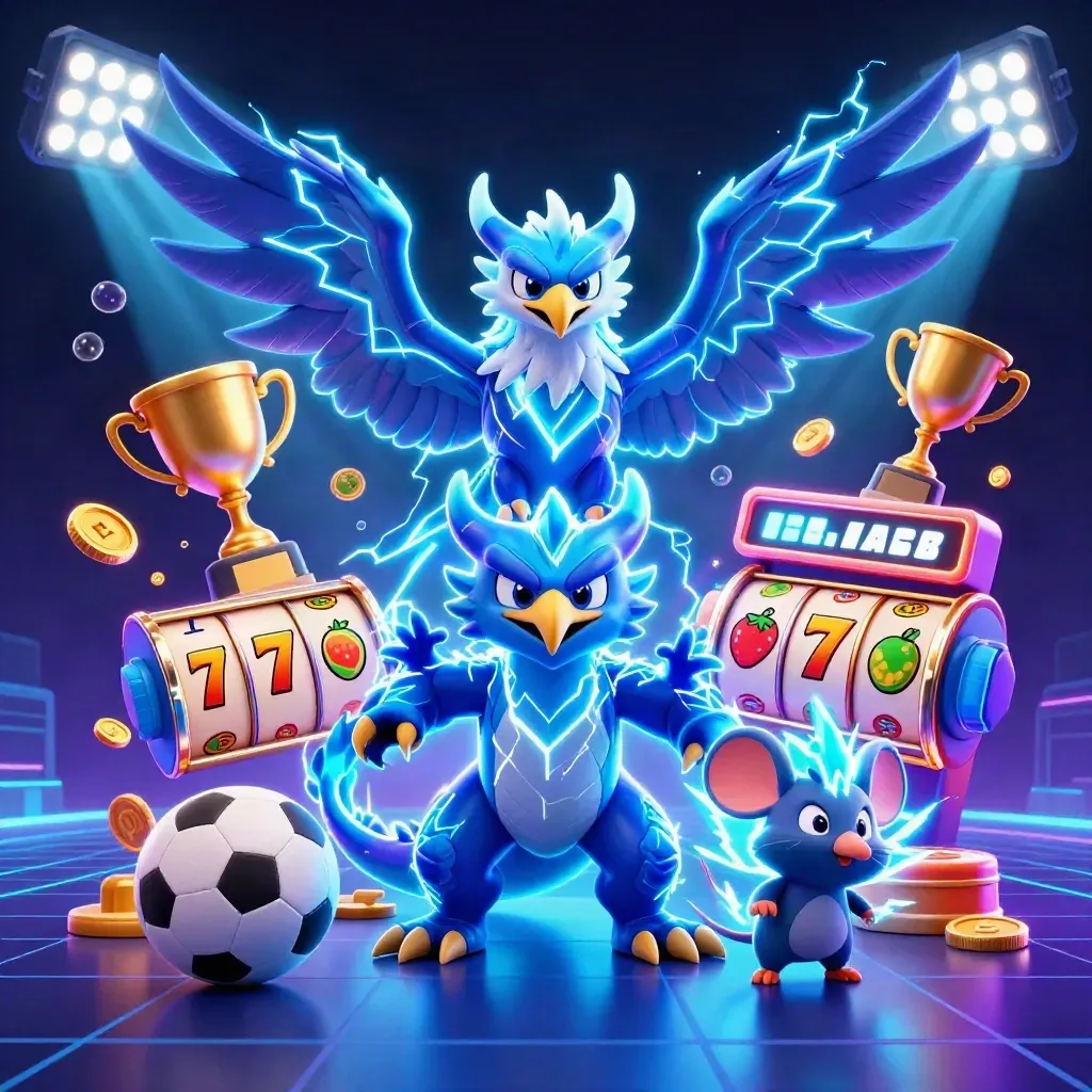 Thunder dragon, wind hawk, and static mouse amid casino sparks, balls, coins, and neon glow.
