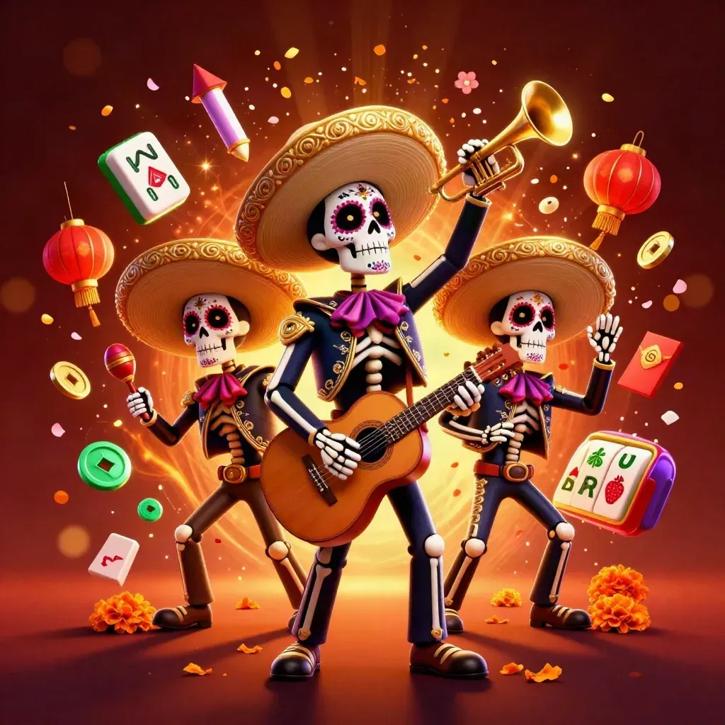 Day-of-the-Dead mariachi skeleton trio amid casino treasures, lanterns, coins, and neon glow.