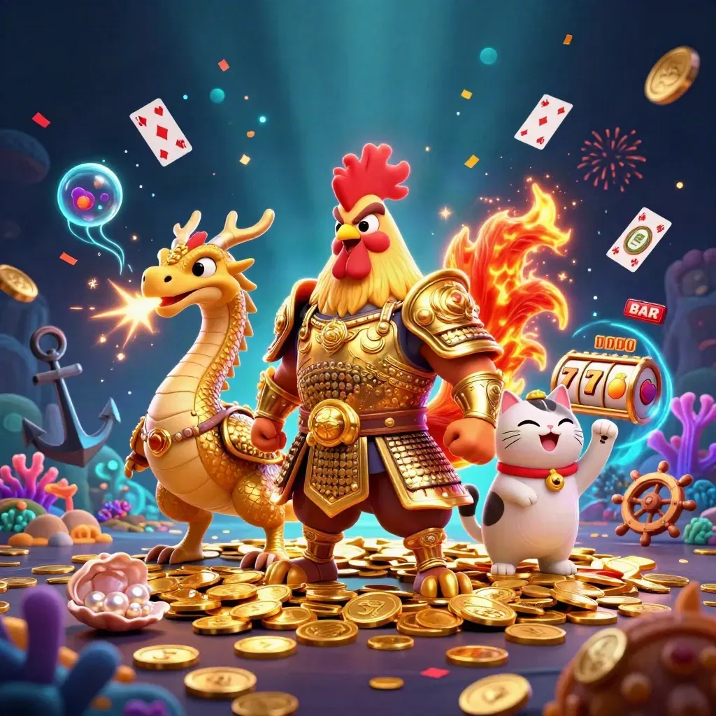 Rooster warrior, dragon hatchling and fortune-cat amid a treasure cove of coins, coral and neon effects