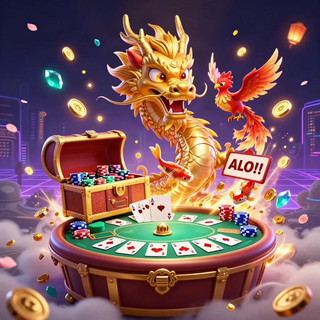 Golden dragon, phoenix, koi and casino chips erupt over a neon treasure chest.