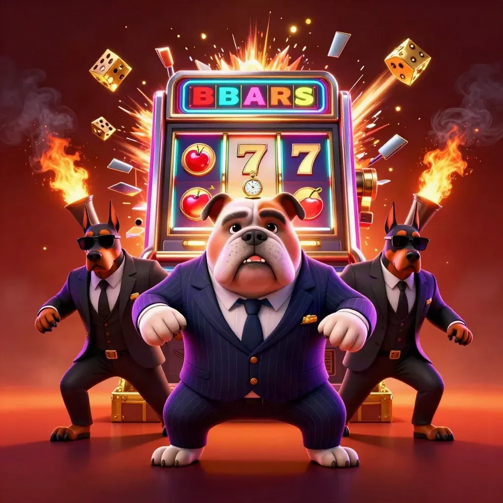 Bulldog mob boss and two Dobermans amid an exploding slot machine and gold casino lights.