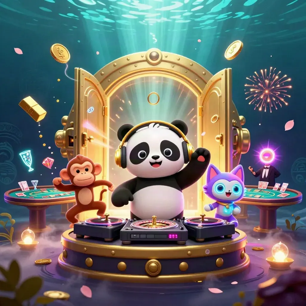 DJ panda, monkey, and glow-stick kitten amid vault coins, gems, fireworks, and neon casino magic.