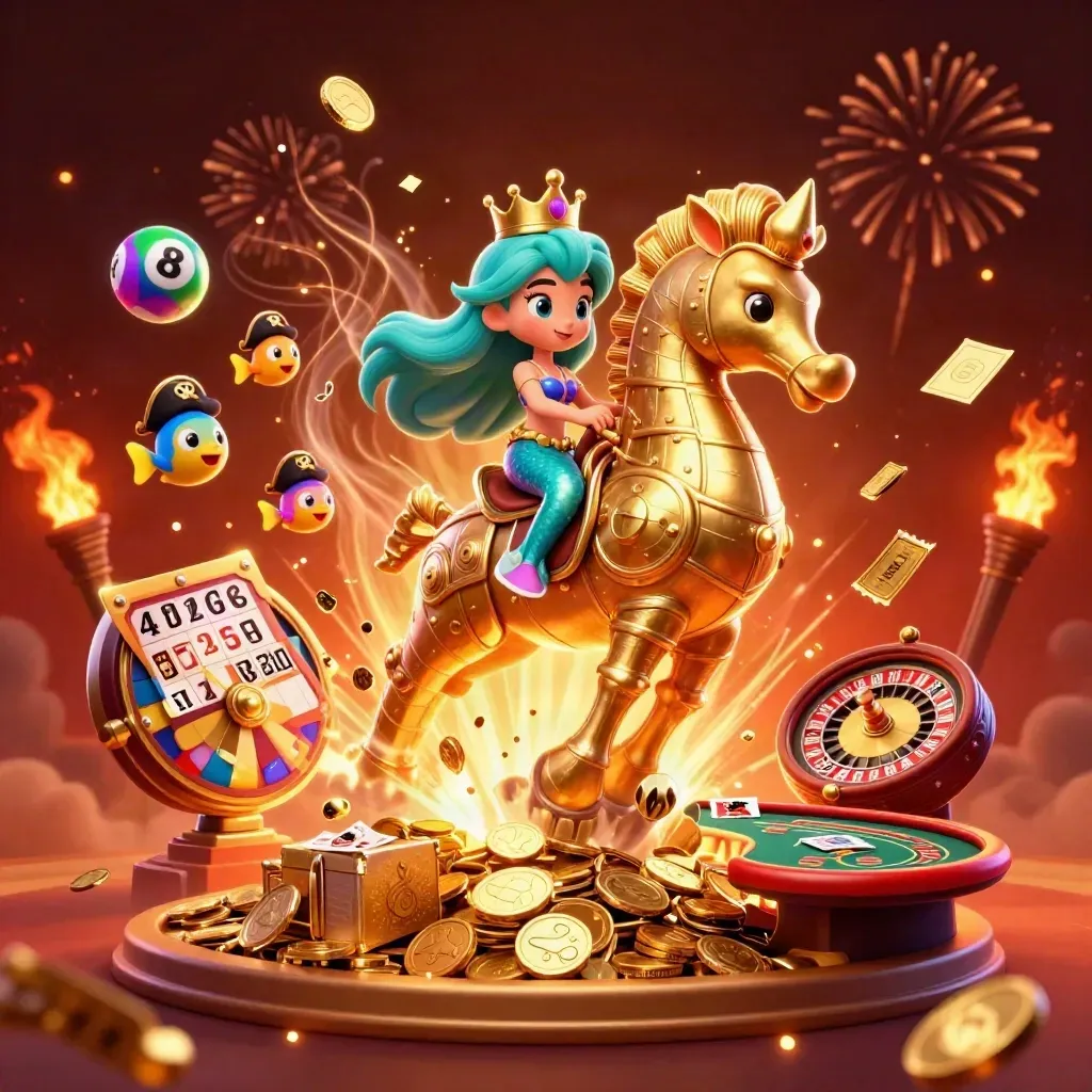 Mermaid princess on an armored seahorse amid coins, lottery balls, fireworks, and casino treasures.