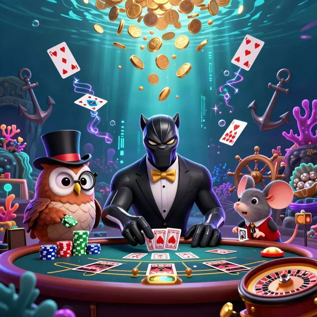 Panther, owl, and mouse amid gold coins, neon treasure, and an underwater casino glow.