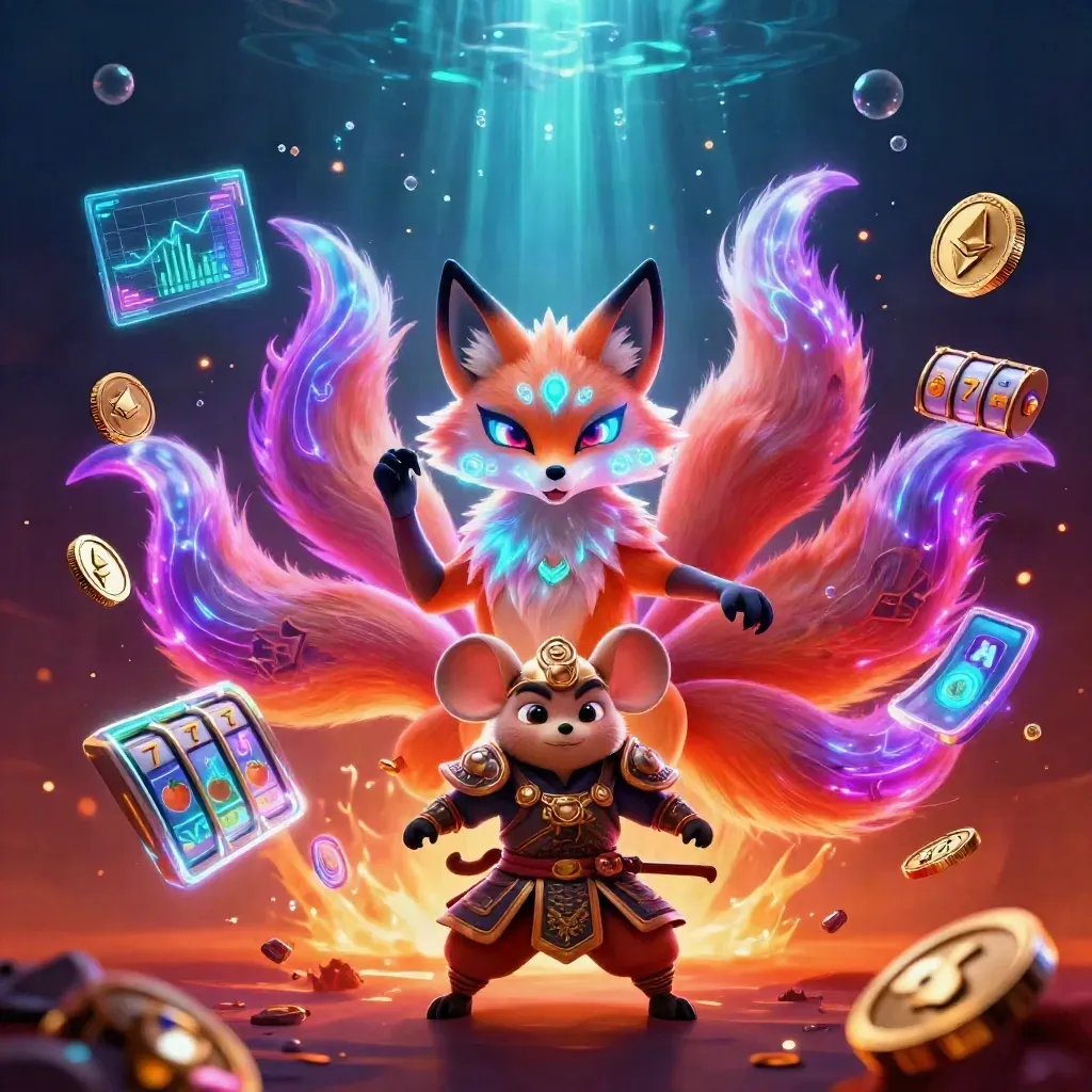 Nine-tailed fox spirit with armored mouse amid neon casino coins, reels, lightning, and glowing effects.