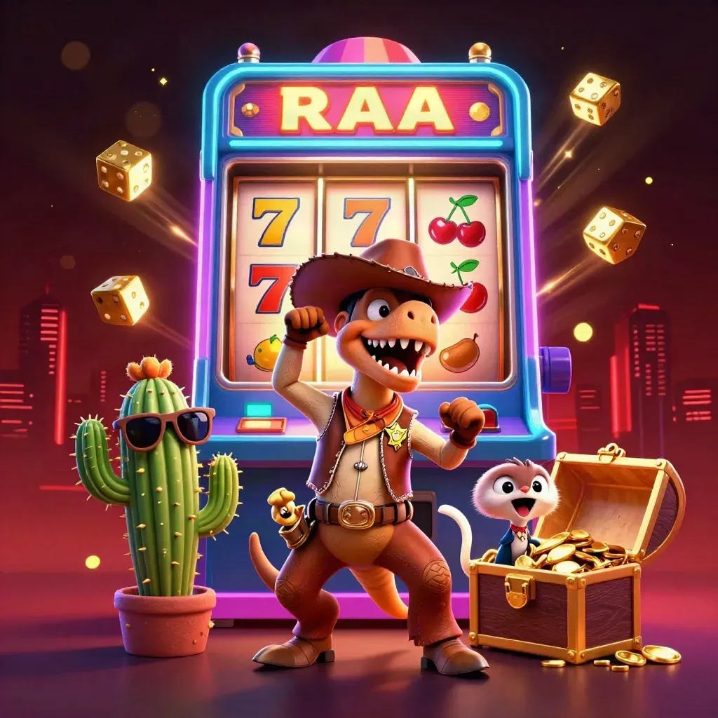 Cowboy T-Rex, cactus, and roadrunner burst from a jackpot slot machine in neon casino light