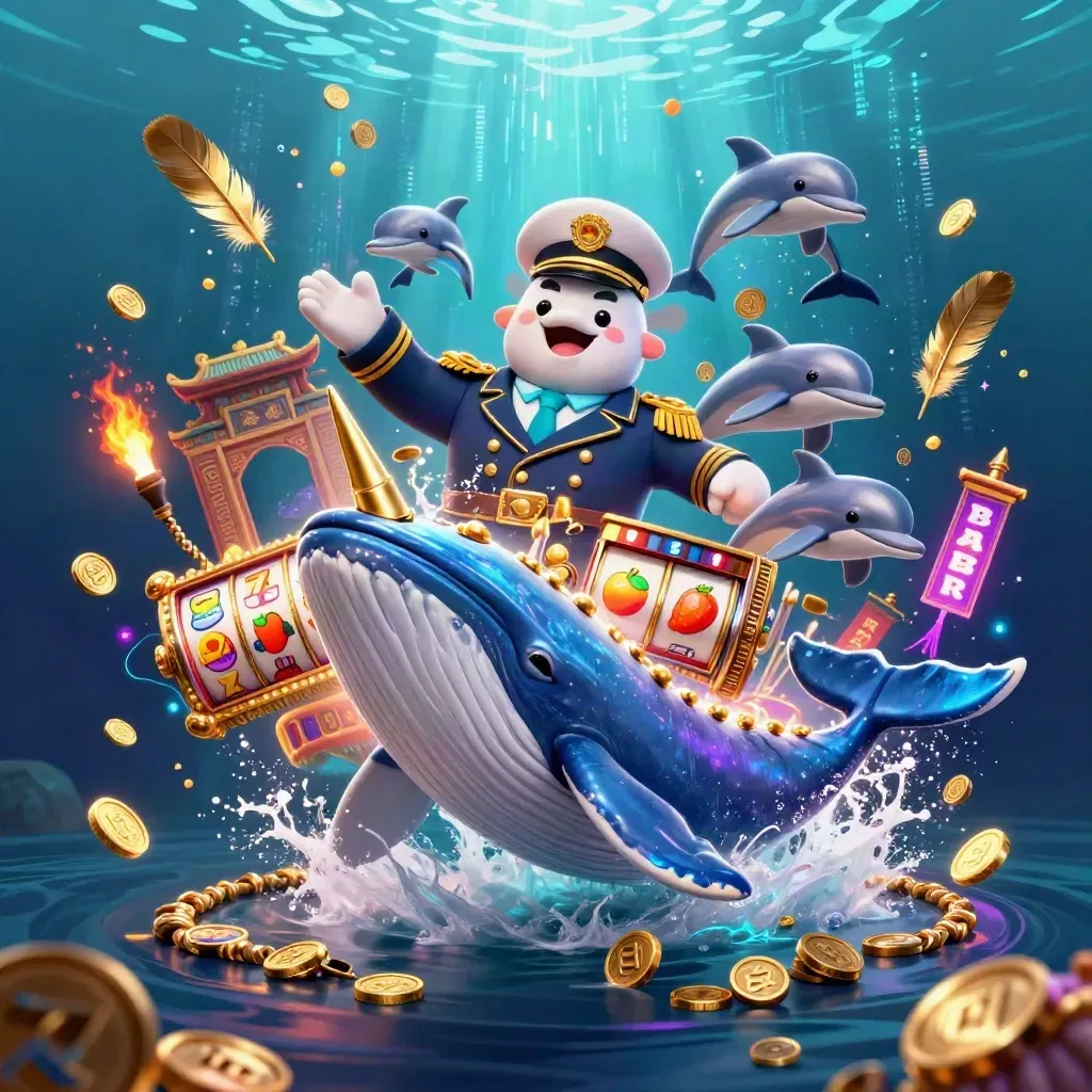 Whale captain, narwhal, and dolphins surge through gold coins in neon underwater casino glow.