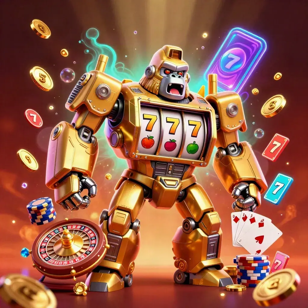 Golden gorilla slot mech with monkey pilot, coins, roulette, cards, chips, and neon casino glow.