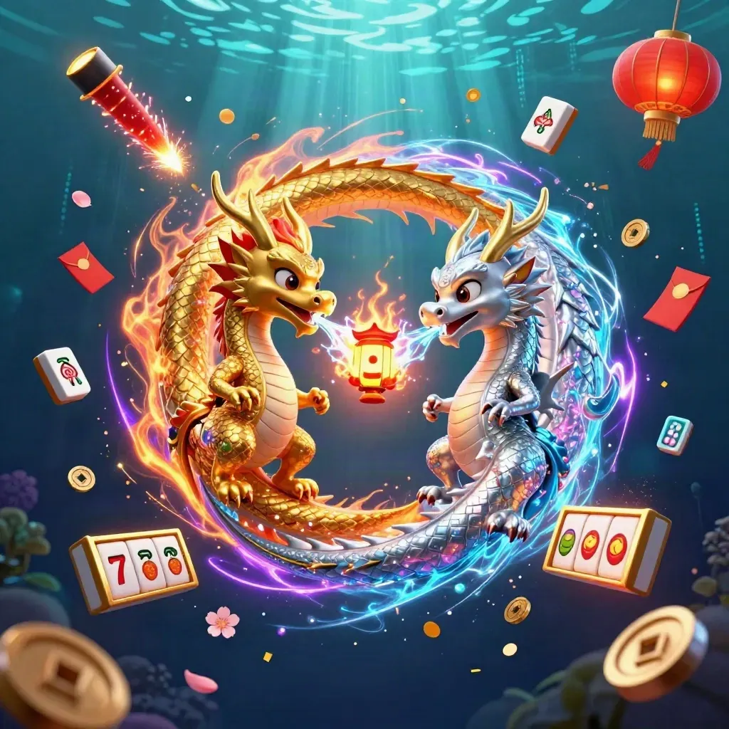Gold and silver dragons spiral around a lantern spirit in neon casino fantasy art.