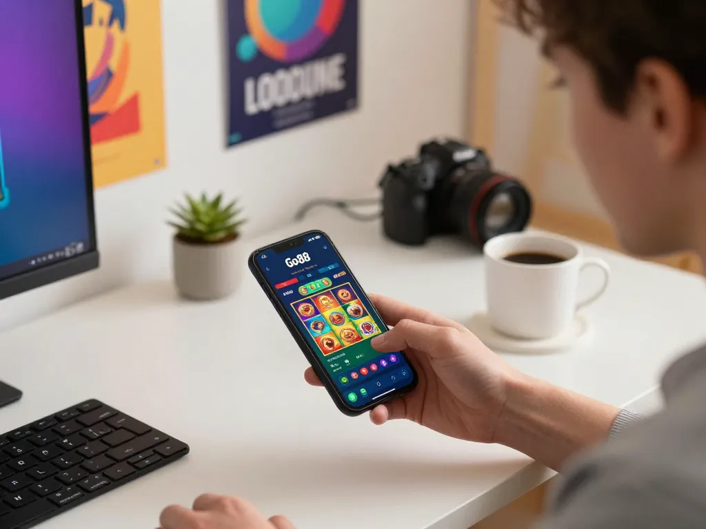 Engaging in thrilling online slots gameplay while tải go88 on smartphone in cozy home office.