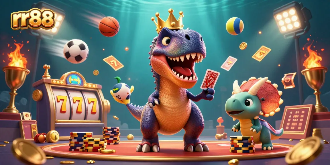RR88 engaging casino scene with T-Rex, pterodactyl, and triceratops playing cards and stacking chips.