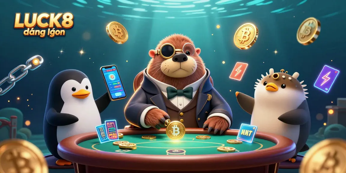 Engage in LUCK8 đăng nhập at the vibrant underwater poker scene, featuring playful characters and crypto elements.