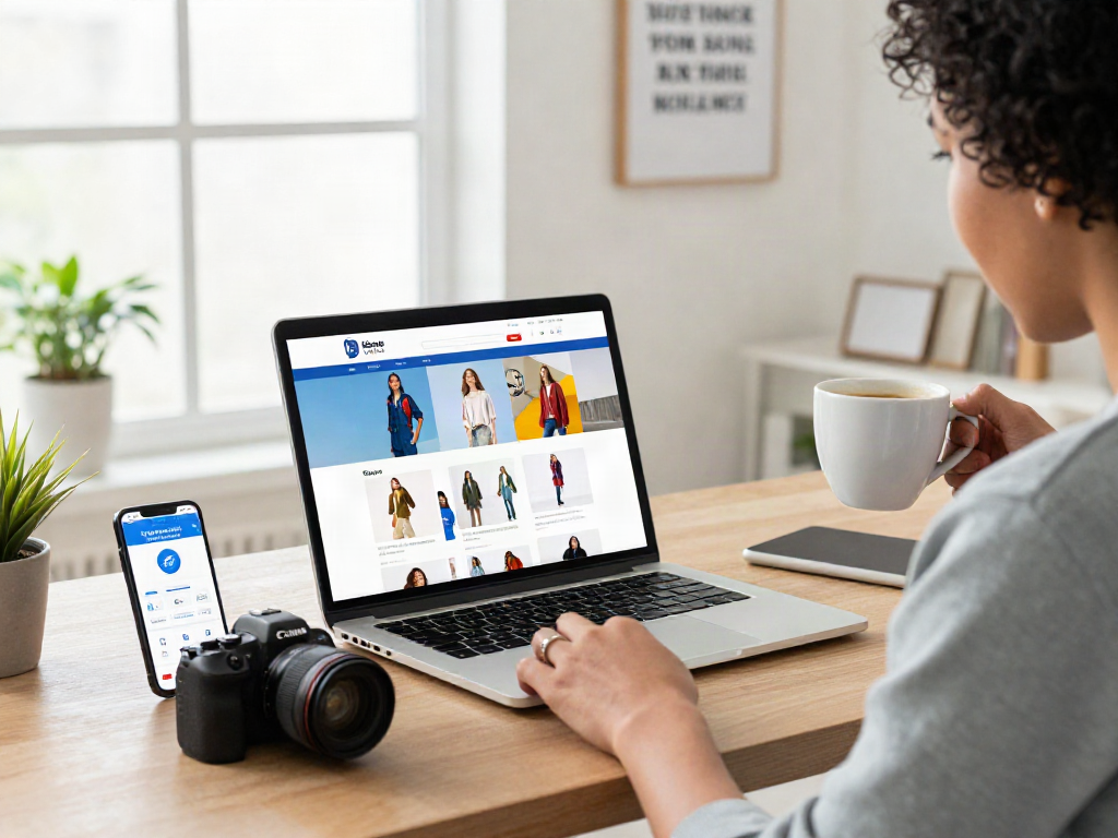 Customer exploring trendy products in an online store slot environment, vibrant home office setting.
