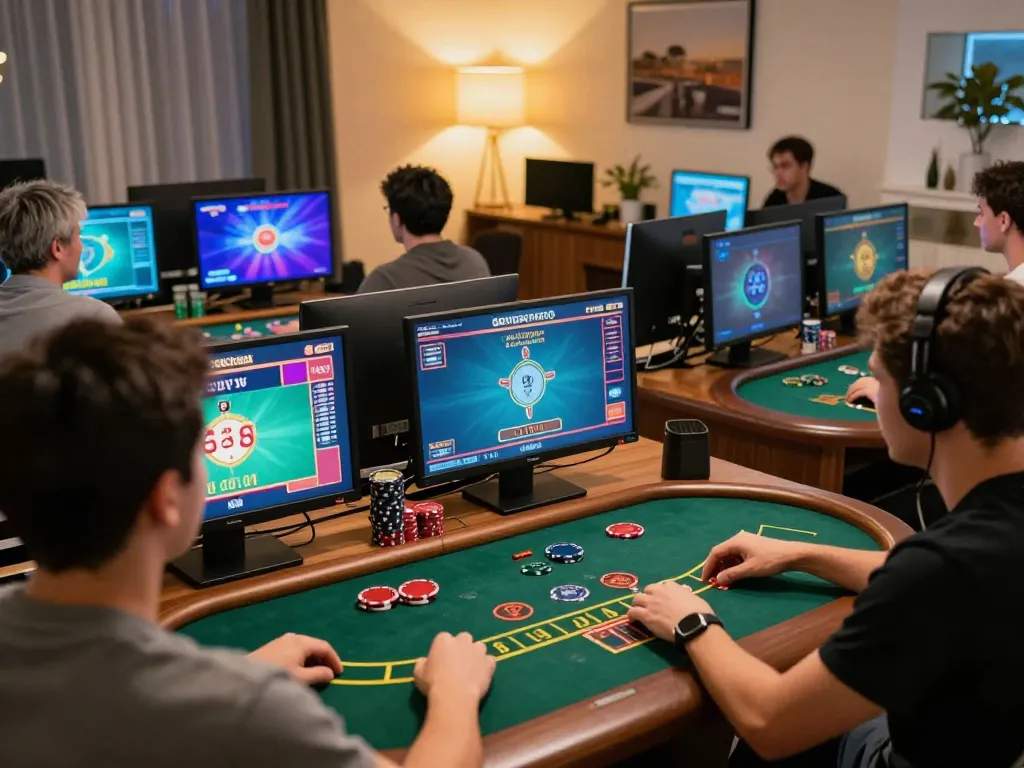 Players engaging in strategic blackjack gameplay online at nk88 casino from home with vibrant screens and warm atmosphere.