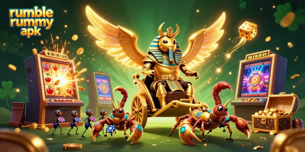 Engage with rumble rummy apk in a vibrant jackpot scene featuring rich 3D characters and dynamic gaming elements.