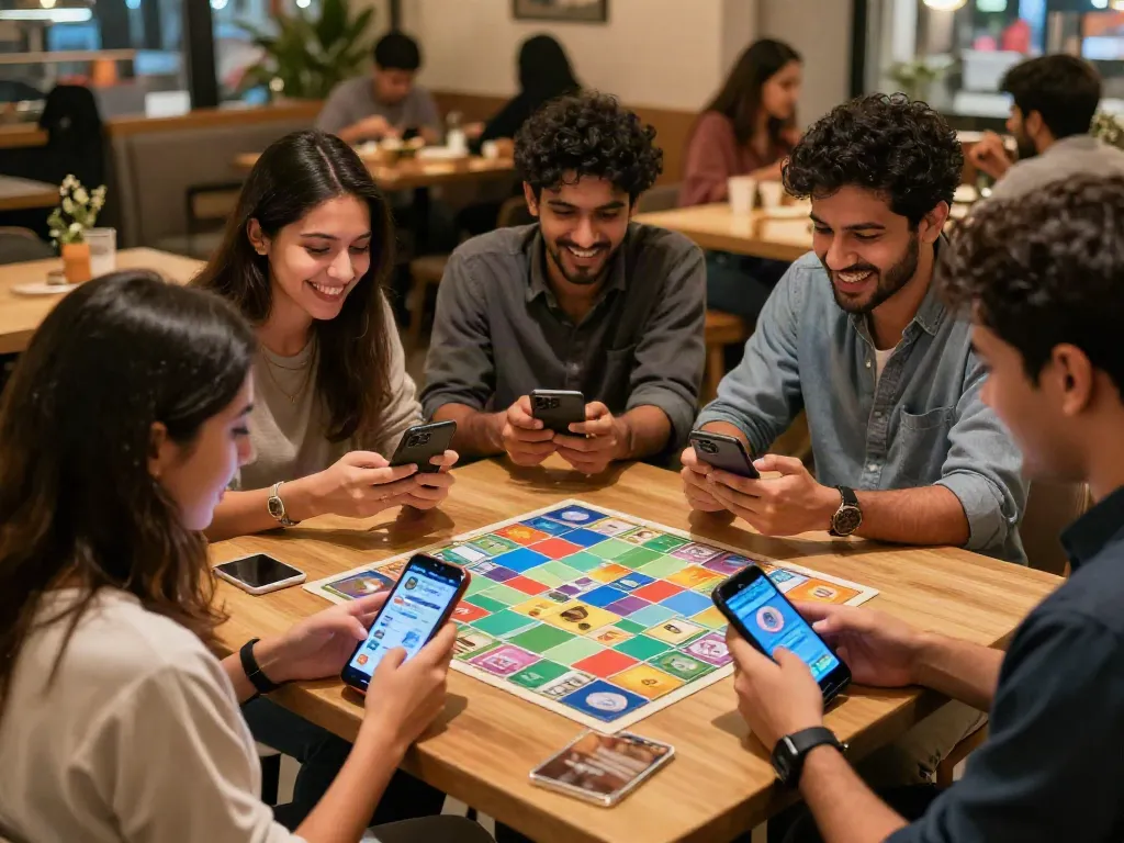 Exciting rumble rummy gameplay scene at a coffee shop with players engaged.