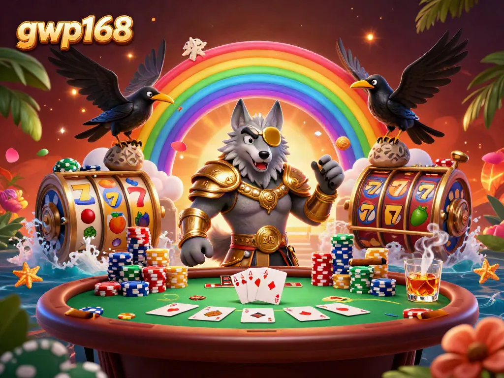 Mengoptimalkan kesempatan menang di gwp168 dengan simbol slot dan chip kasino yang mengelilingi karakter.