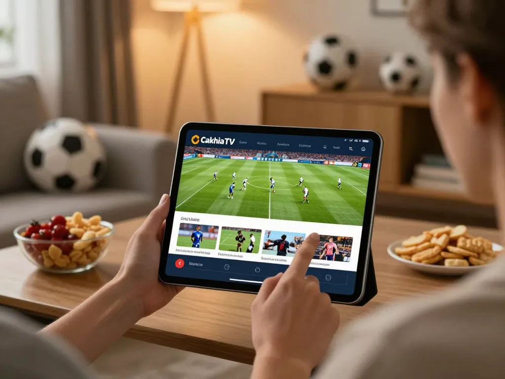 Engaging in a thrilling football stream Cakhiatv on a tablet with live match updates and a competitive atmosphere.