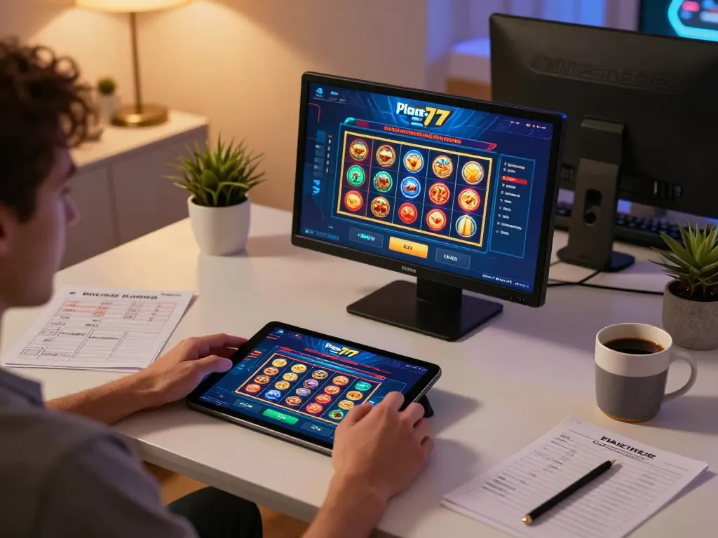Berinteraksi dengan antarmuka kasino online Planet 77 selama sesi permainan santai di rumah.