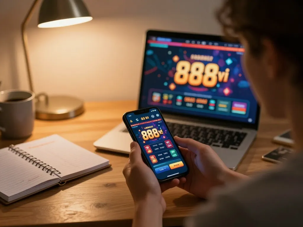 Player enjoying 888vi app at home, engaging with the casino game in cozy lighting.