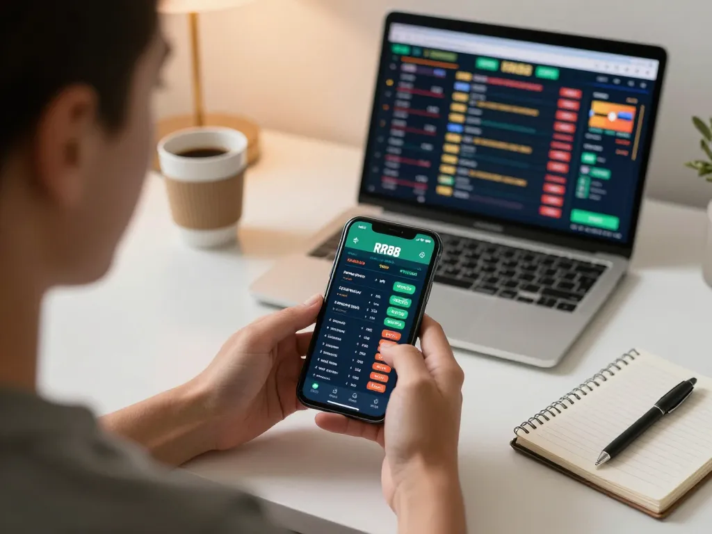 Engaging online gambling scene at https://rr888.shopping/, person excitedly placing bets using mobile app in a cozy workspace.