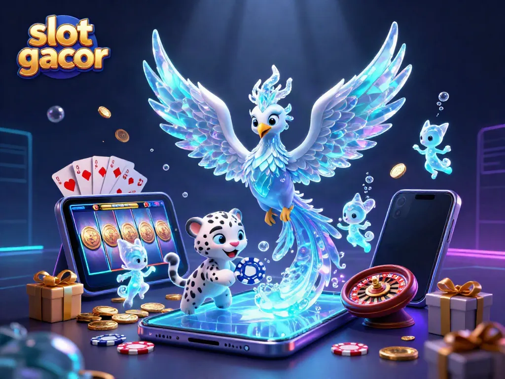 Slot gacor yang menampilkan phoenix es, anak macan tutul, dan sprite es dalam suasana kasino yang cerah.