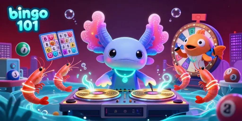 Experience the excitement of bingo 101 with a lively underwater party scene featuring a DJ axolotl and bingo elements.