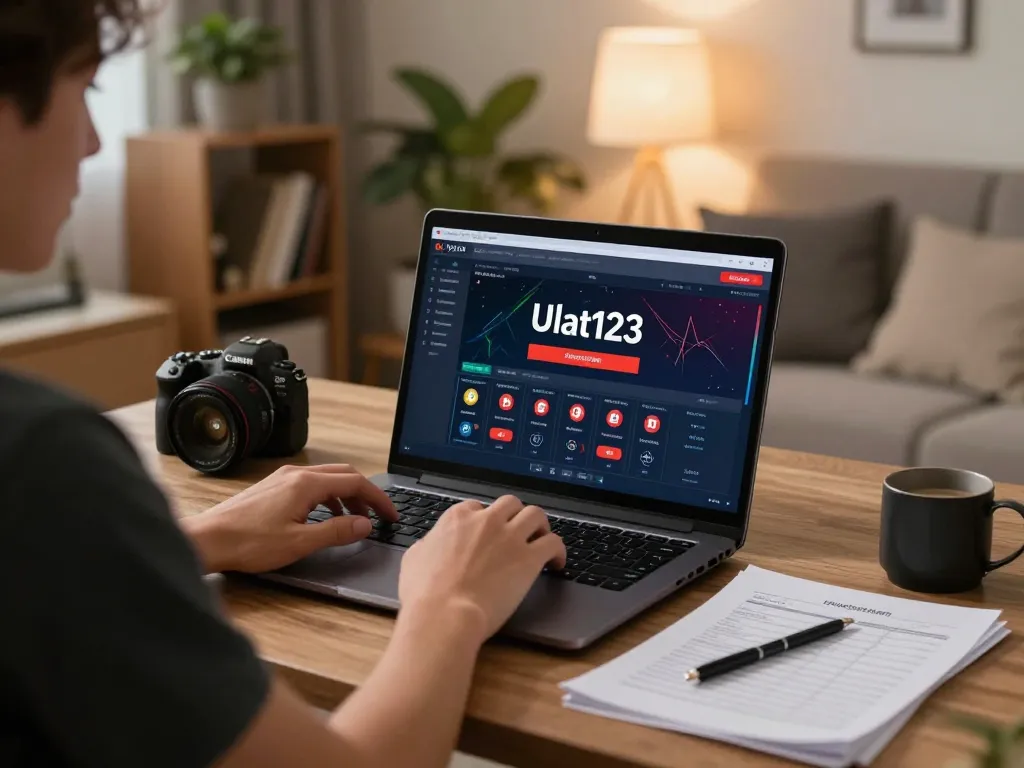 Pemain Ulat123 merancang strategi di laptop di ruang tamu yang nyaman, menunjukkan permainan yang bertanggung jawab.