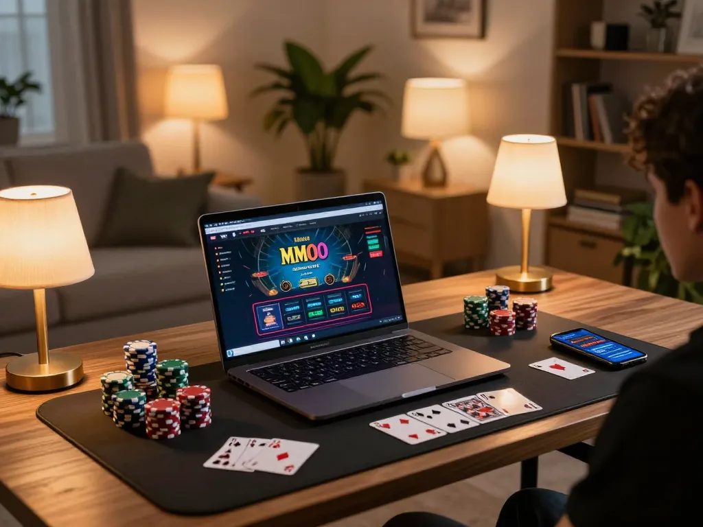 Engaging online gaming scene featuring MMOO platform on laptop with poker chips and ambient lighting.