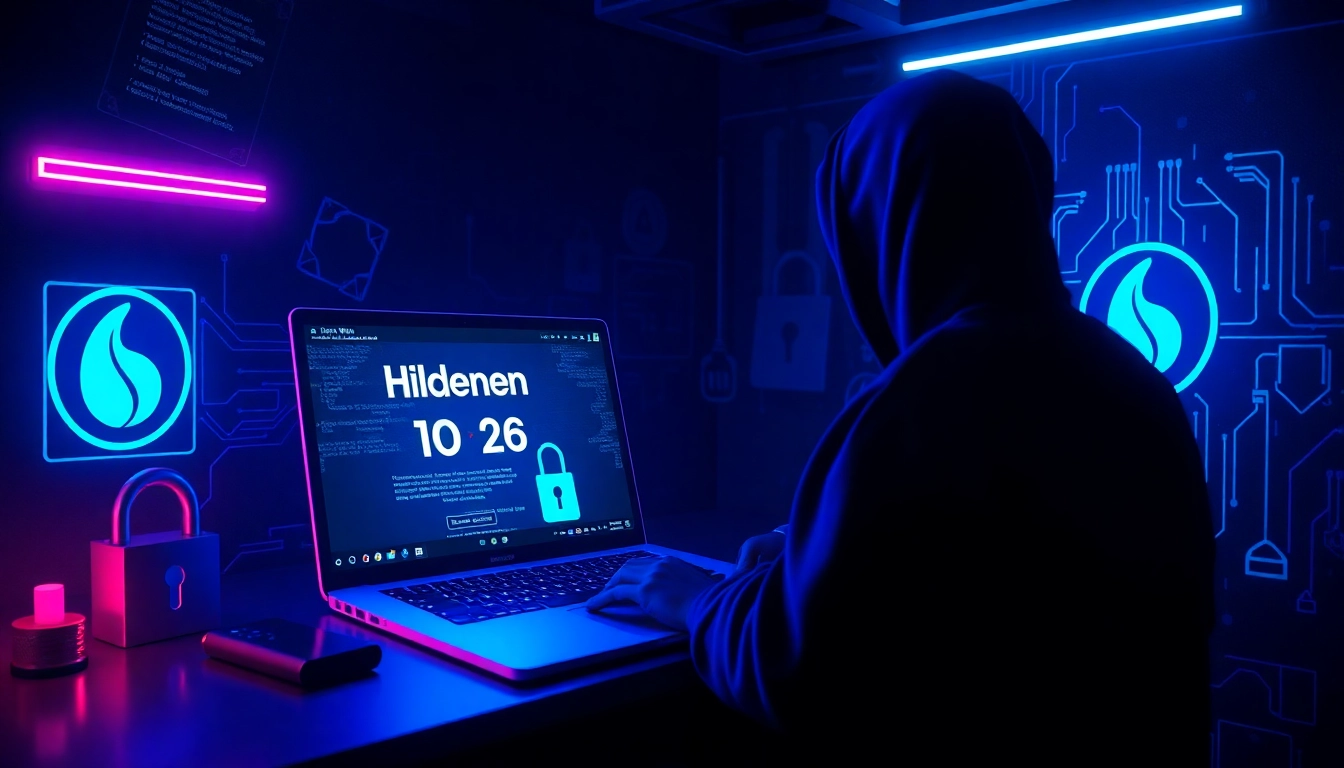 The Hidden Wiki 2026 digital atmosphere showcasing a mysterious dark web environment with a laptop and security elements.