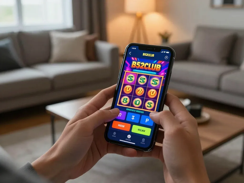 B52CLUB mobile app engagement with vibrant slot graphics and strategic betting options.