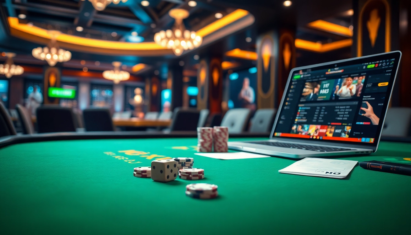 Tài xỉu md5 com betting table with polished dice and colorful poker chips in an elegant casino setting.