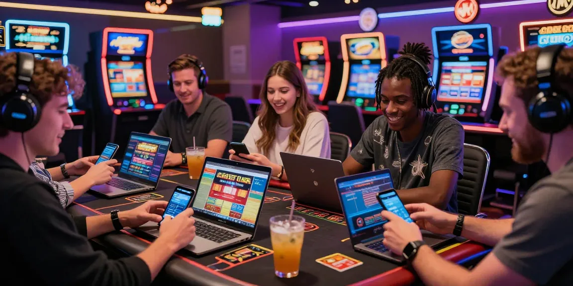 Engaged players exploring credit card casinos on their devices in a vibrant online gambling environment.