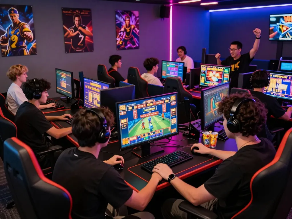 Players enjoying Game af88 in a lively online gaming lounge, featuring vibrant screens and immersive lighting.