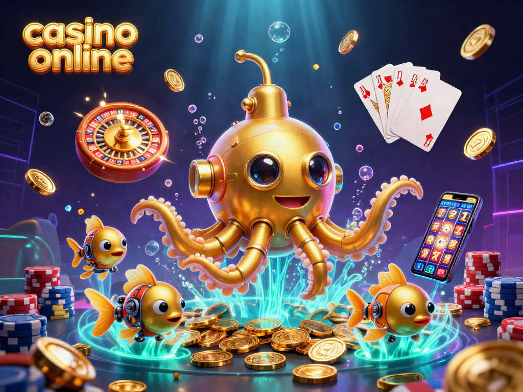 Experience thrilling gaming moments with casino online's 3D kraken submarine and vibrant casino elements.