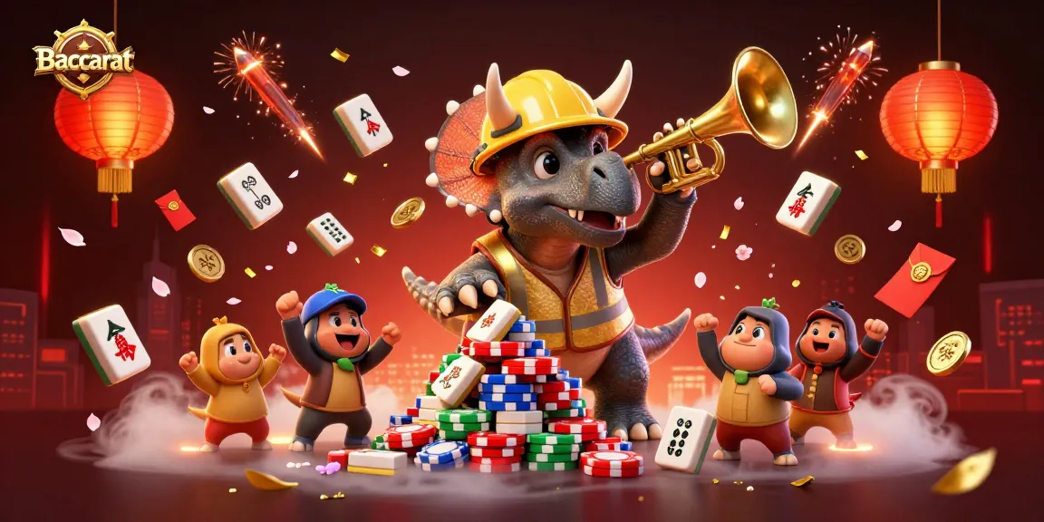 Baccarat scene with a triceratops building poker chips and festive elements celebrating winning strategies.