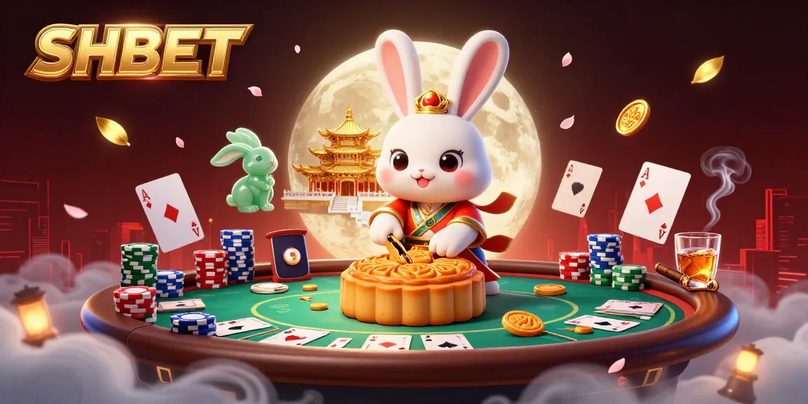 Play poker at SHBET with a whimsical 3D moon rabbit revealing chips inside mooncakes.