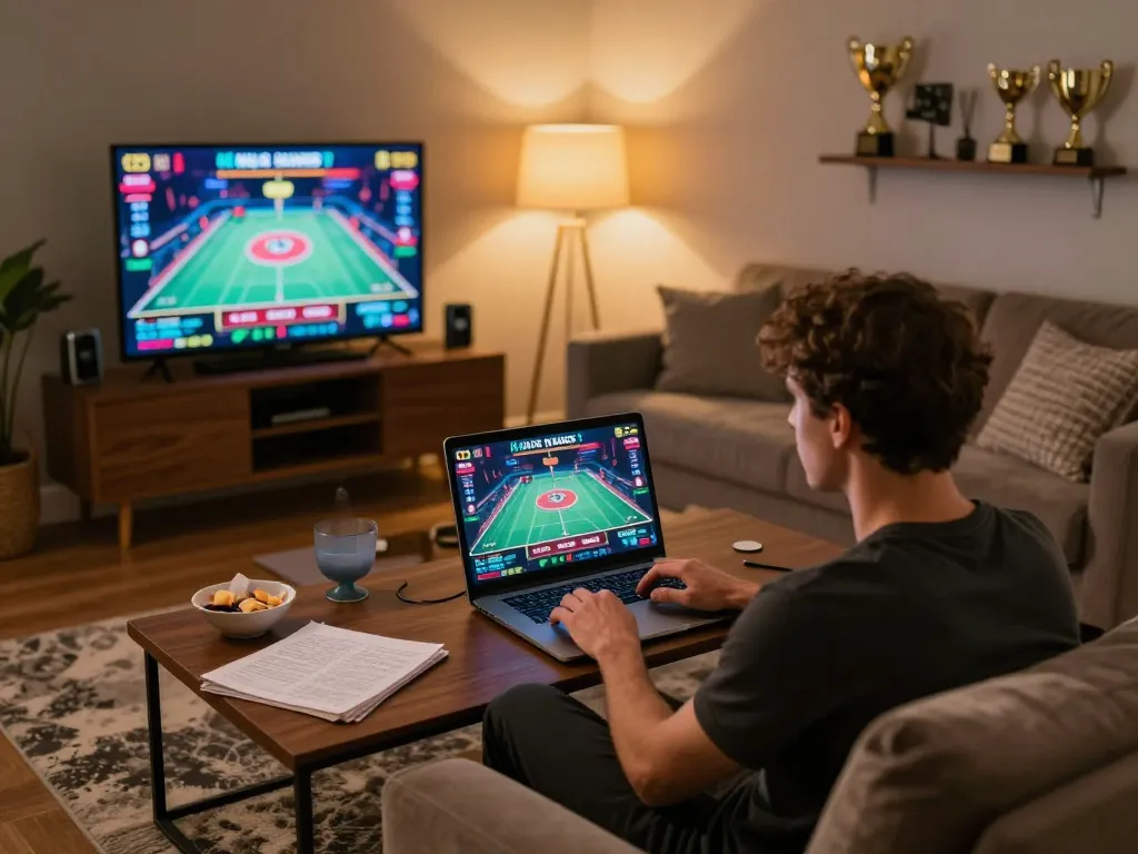 Engaging in gg88 live online casino gaming in a cozy home setup with snacks and notes.