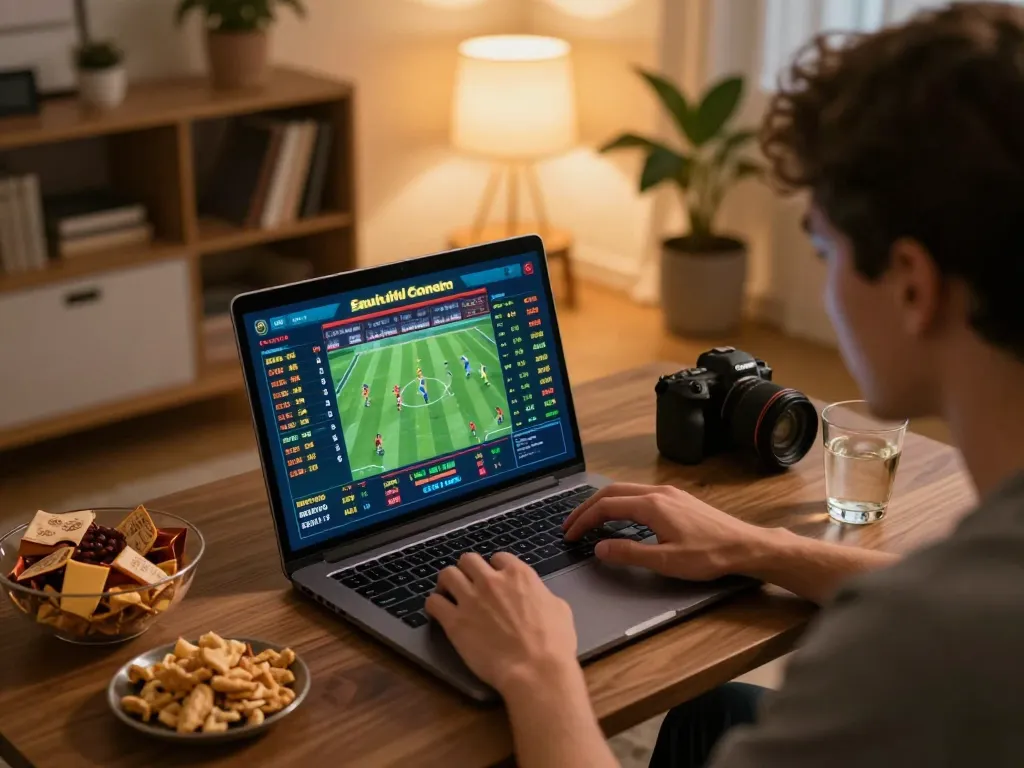 Engaged player analyzing odds at nhà cái 8xbet with a laptop and sports betting interface in a cozy home environment.