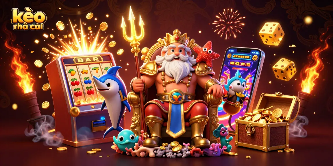 Engage with kèo nhà cái through a vibrant 3D casino scene featuring Neptune, samurai fish, and rich jackpot themes.