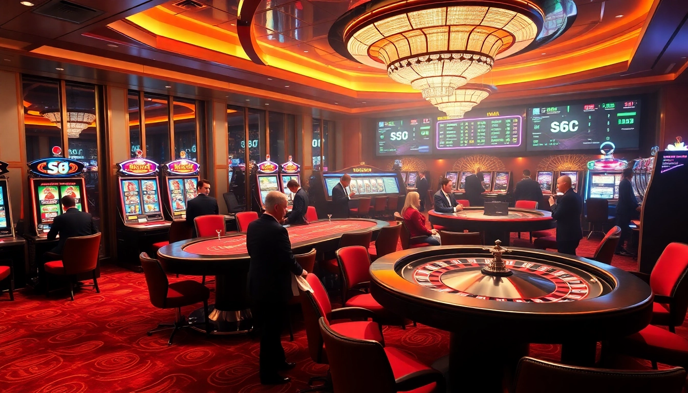 A vibrant casino scene showcasing the excitement of gambling at S8 with tables, slot machines, and digital betting interfaces.