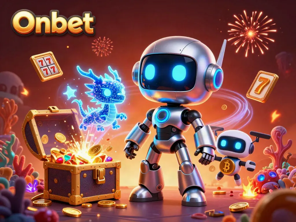 Play and win at Onbet with an exciting 3D cyberpunk robot, AI dragon, and bitcoin drone in a vibrant casino scene.
