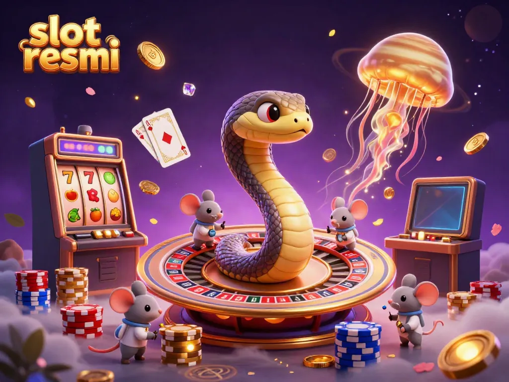 Experience thrilling gameplay with slot resmi as cartoon characters celebrate around a vibrant cosmic casino scene.