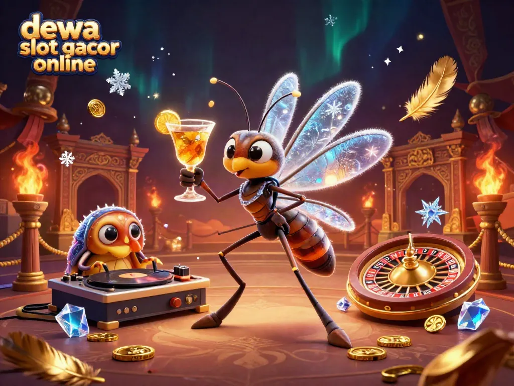 Menggairahkan dengan dewa slot gacor online, karakter kasino 3D yang memegang koktail emas dan berputar di roulette.