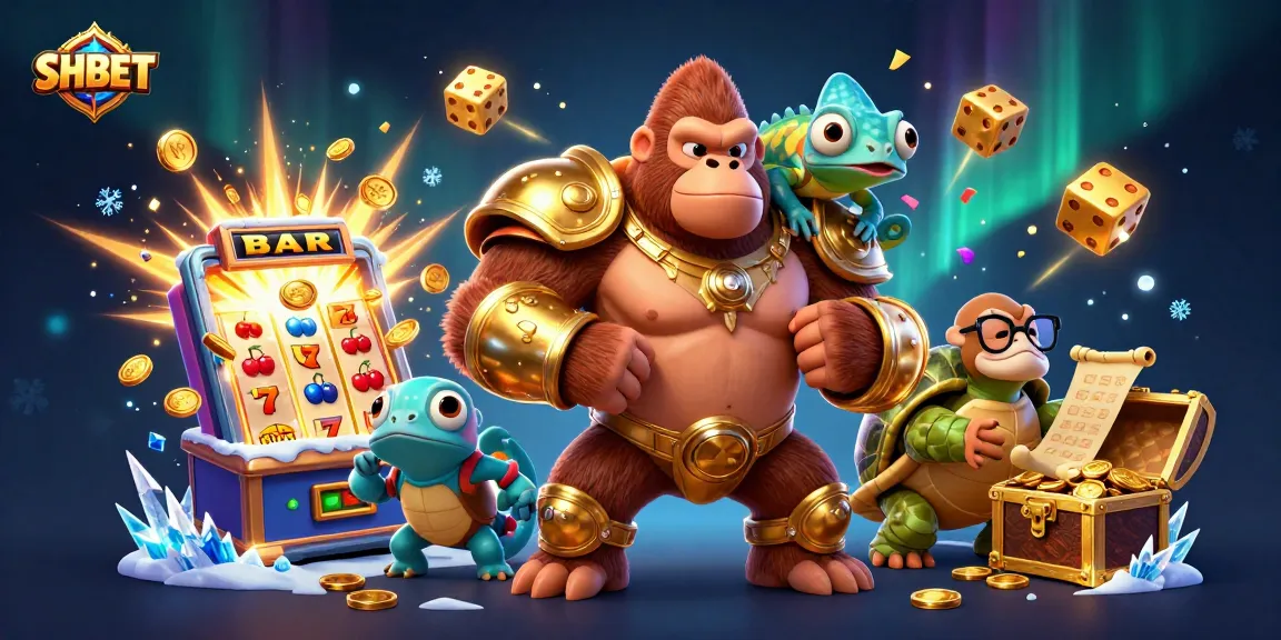 Engage with SHBET, where a powerful gorilla king and wise tortoise elder encounter dynamic casino elements in an exhilarating scene.