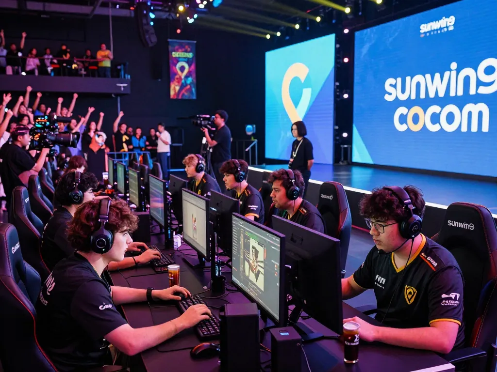 Vibrant esports tournament scene showcasing sunwin9 cocom with players, screens, and cheering crowd.