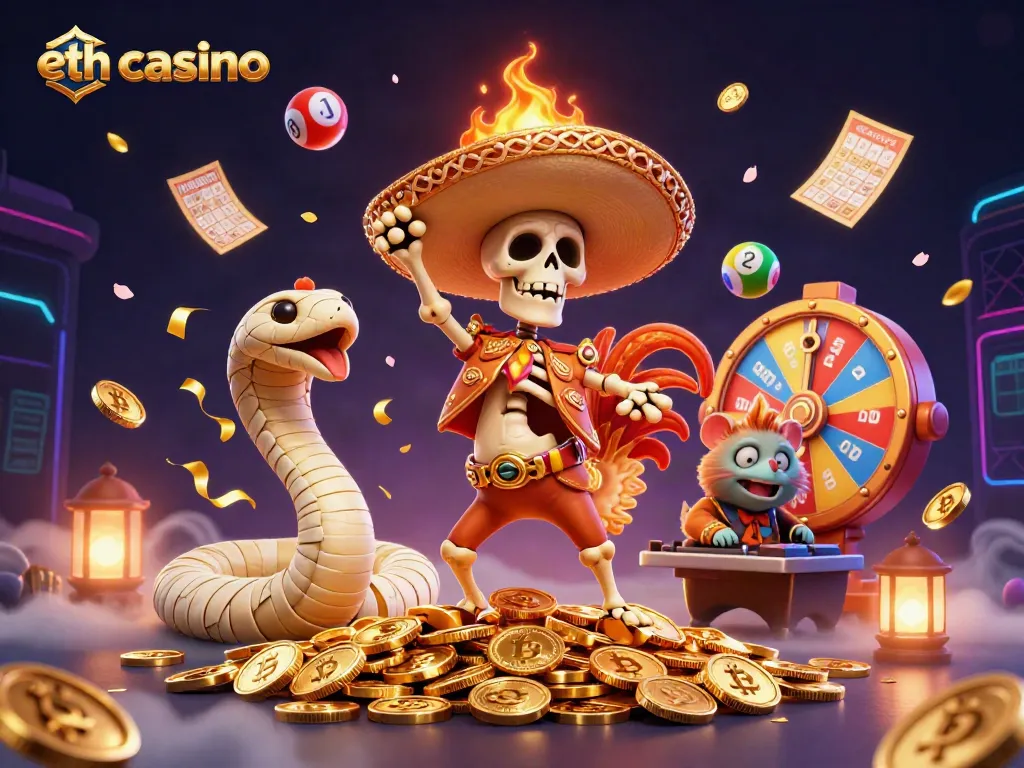 Engaging scene at eth casino with colorful characters, coins, and lottery elements in a dynamic celebration.