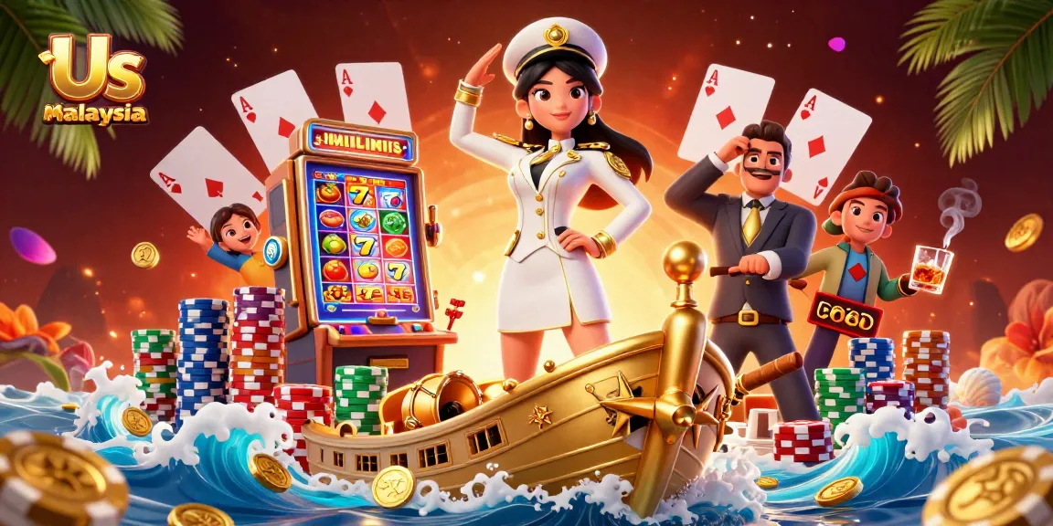 Experience exciting gaming action at Us Casino Malaysia with vibrant slot reels and poker chips