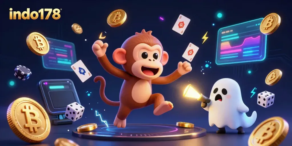 Experience the excitement of winning at indo178 with a ghostly monkey juggling golden casino tokens.